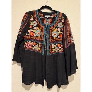Time for Me Embroidered Top Bohemian Style jacket Black Colorful Details sz M